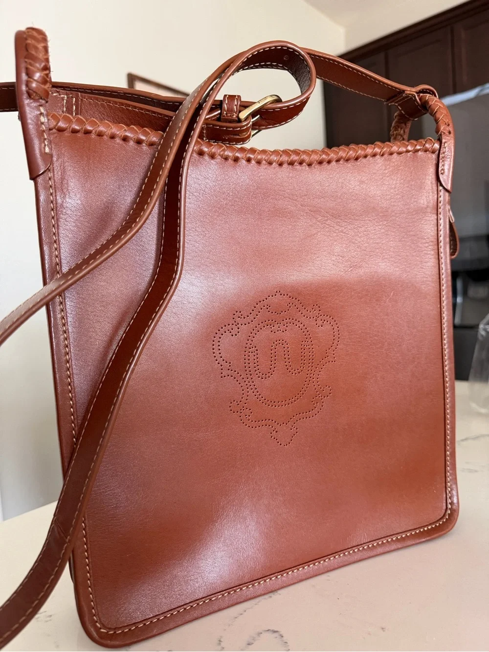King Ranch Braided Trim Crossbody Tote in Warm Brown Leather